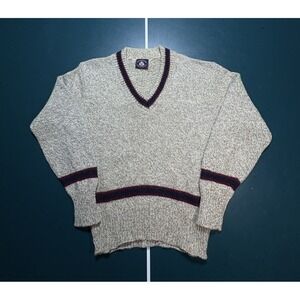 VTG‎ Preppy Striped V-Neck Sweater Adult XL Gray Navy Blue Wool Tennis Varsity